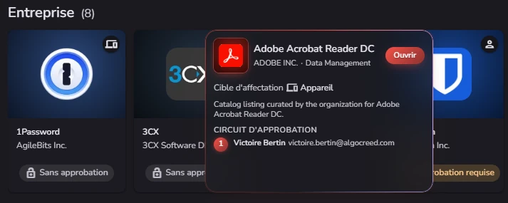 Aperçu d’une application montrant sa cible d’affectation et son circuit d’approbation.