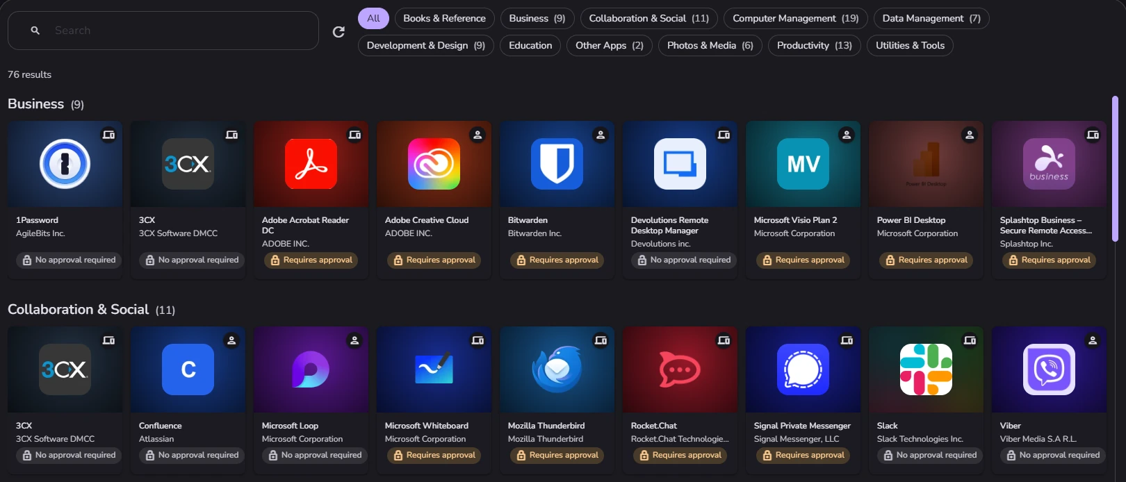The application catalog: search, categories, and application cards showing whether each one needs approval.