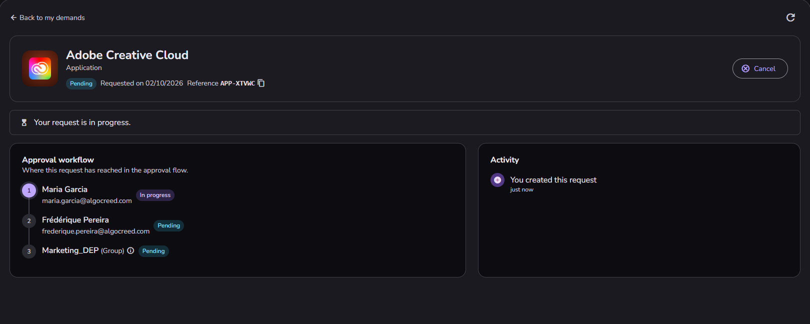 A request just submitted: its reference, the approval workflow with step 1 in progress, and the activity trail.