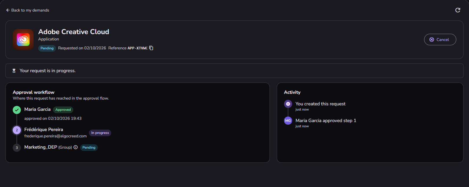 The same request after step 1 is approved: step 2 is now in progress, and the activity trail records the approval.