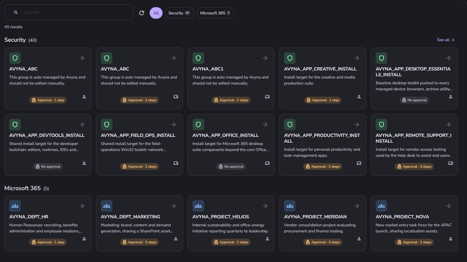 The group catalog: groups by category, each card showing whether it needs approval and in how many steps.