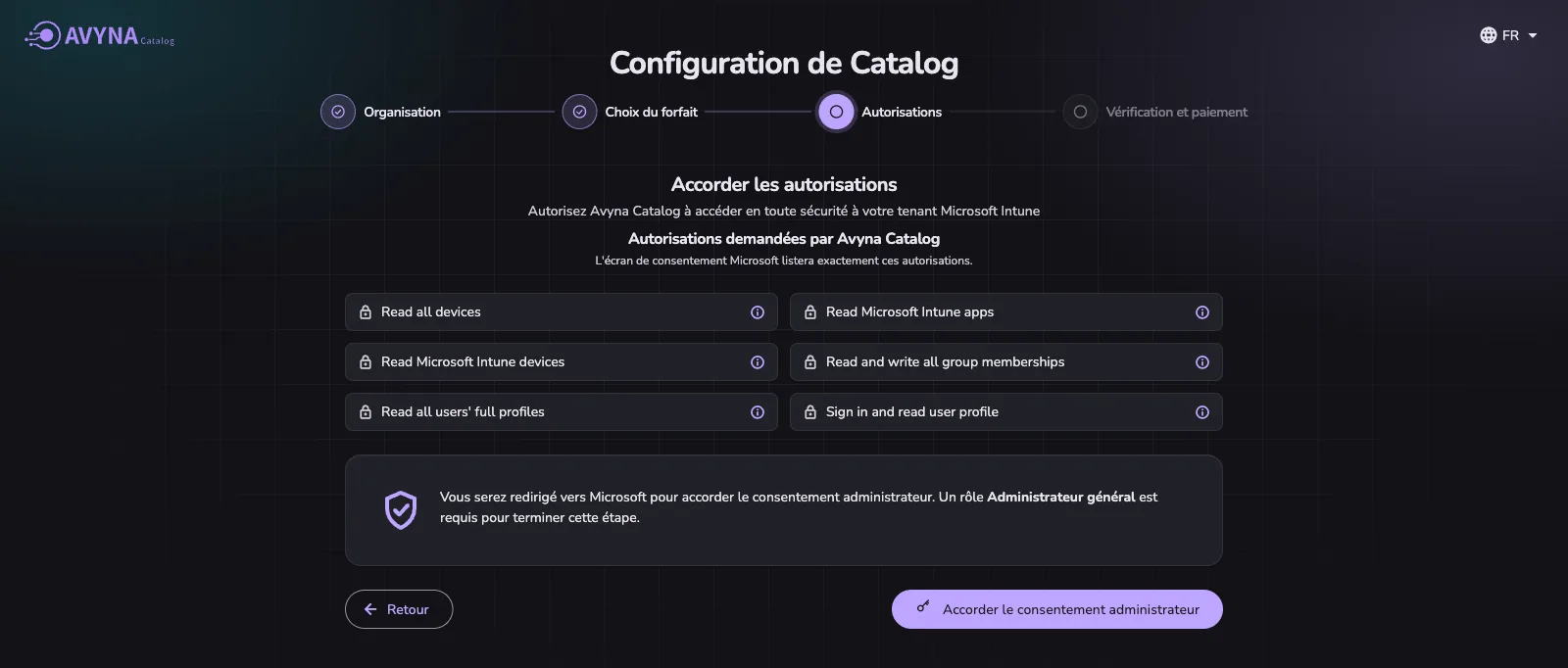 Étape trois de la configuration : les six autorisations demandées par Catalog, dont cinq en lecture seule, et la mention qu’un Administrateur général accorde le consentement sur l’écran de Microsoft.