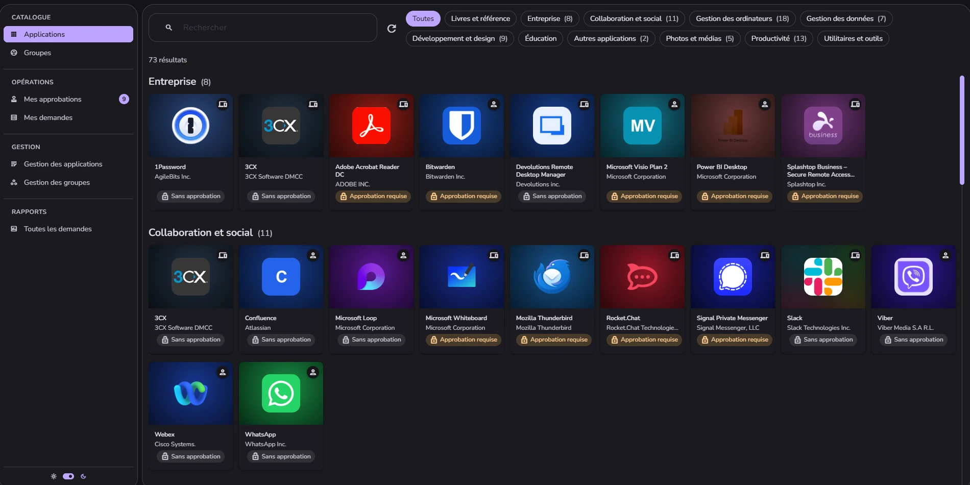 L’espace de travail Catalog : la barre latérale avec Applications, Groupes, Mes approbations, Mes demandes, la gestion et les rapports, et le catalogue d’applications à demander.